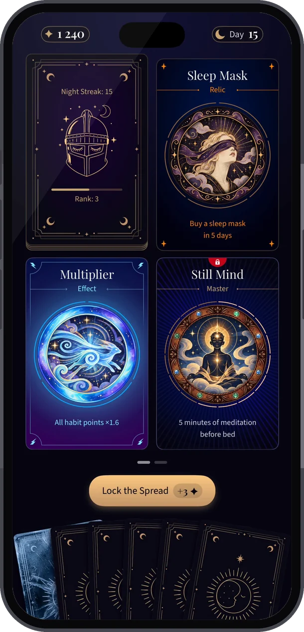 The table with habit, effect and relic cards